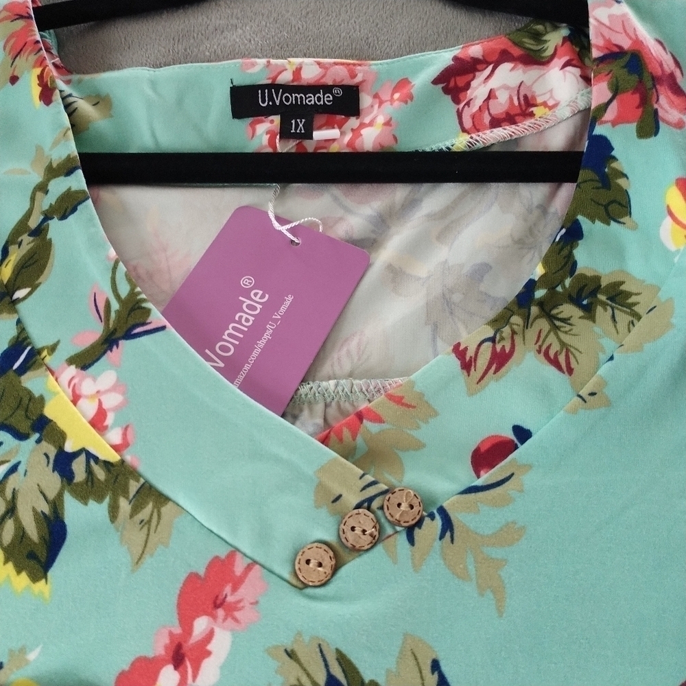 Amazon U.Vomade Green Floral Shirt Sleeve Tunic Top 1X - Picture 13 of 14